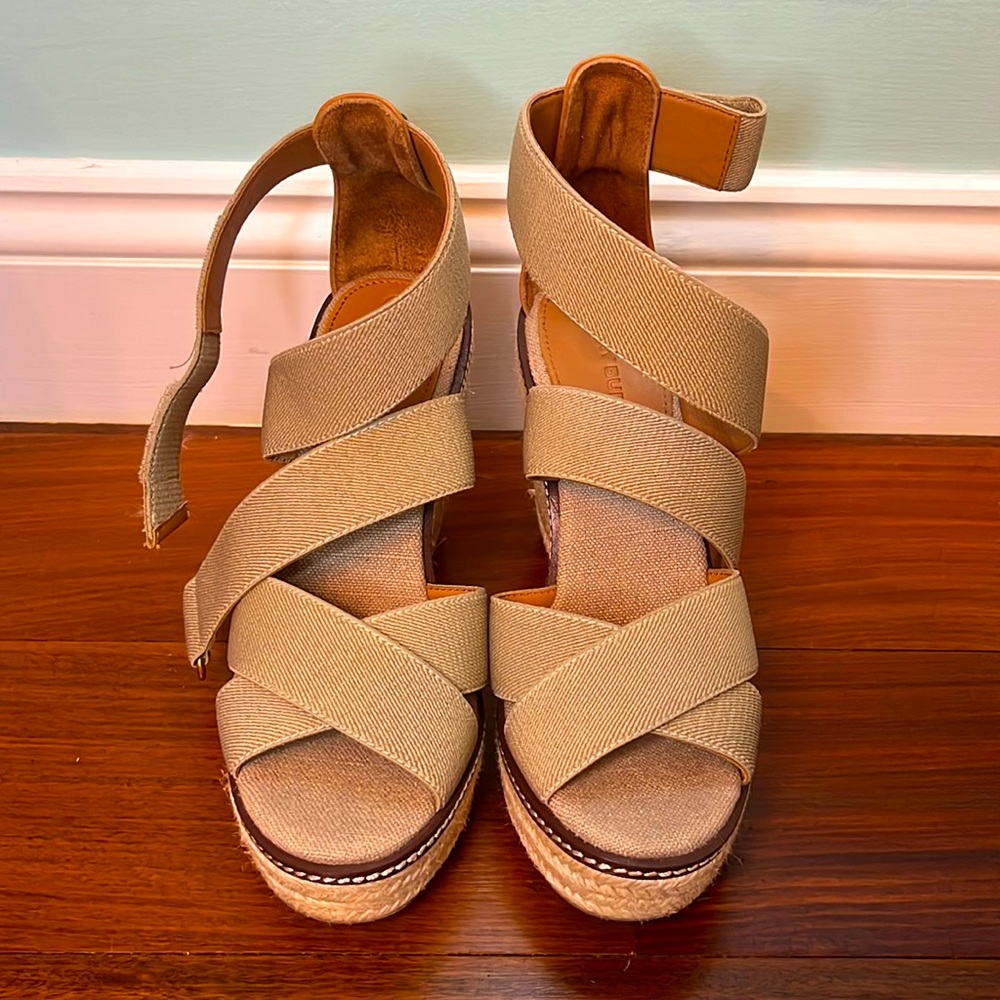 Tory Burch Beige Leather Wedge Sandals with Strappy Design